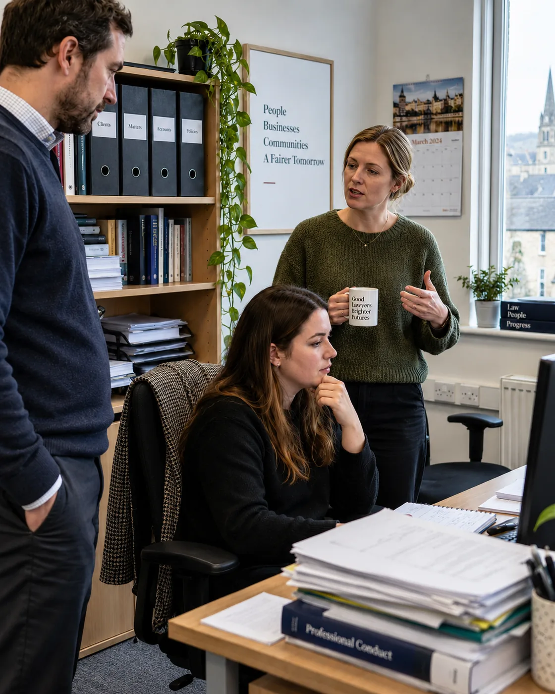 Three colleagues in a professional office talking something through at a
                    desk, with case files and reference books beside them.