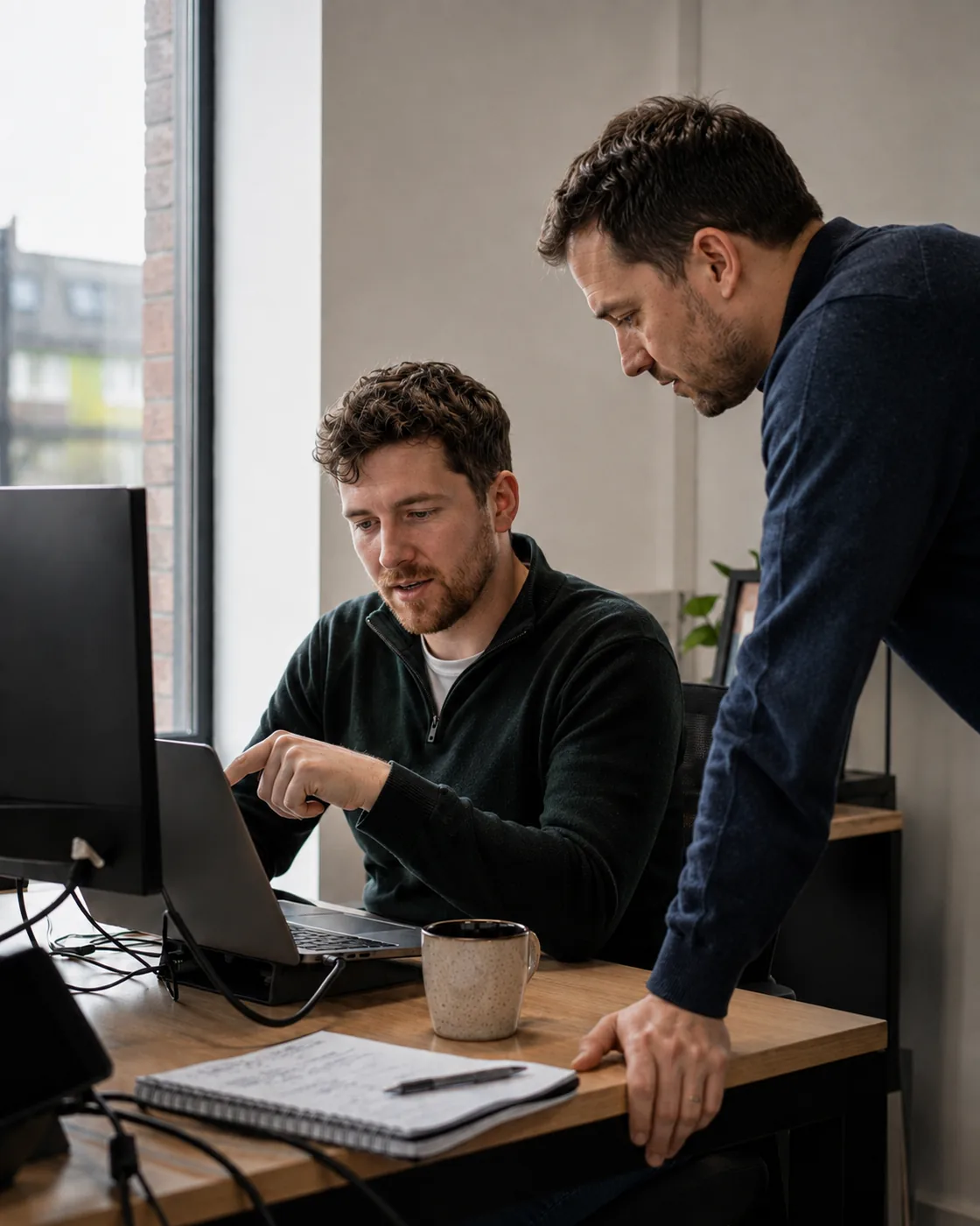 Two Trunnion engineers at a desk, one pointing something out on a laptop
                    while the other leans in to look.